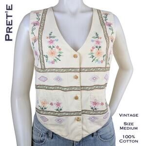 Pret'3 Vintage 90s Vest Medium Cream Floral Embroidered Cotton Button Front Boho